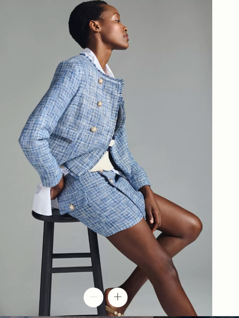 Anthropologie Mauve Blue & White Tweed Blazer and Skirt Suit Set Gold